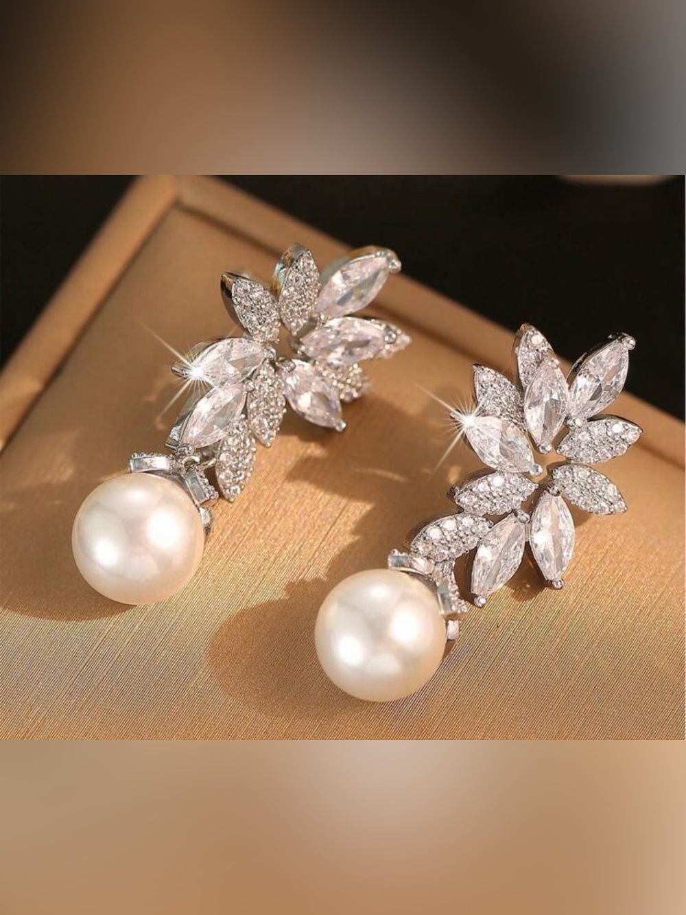 Pearl CZ Leaf Drop Earrings Silver Tone Bridal Wedding Statement Earrings